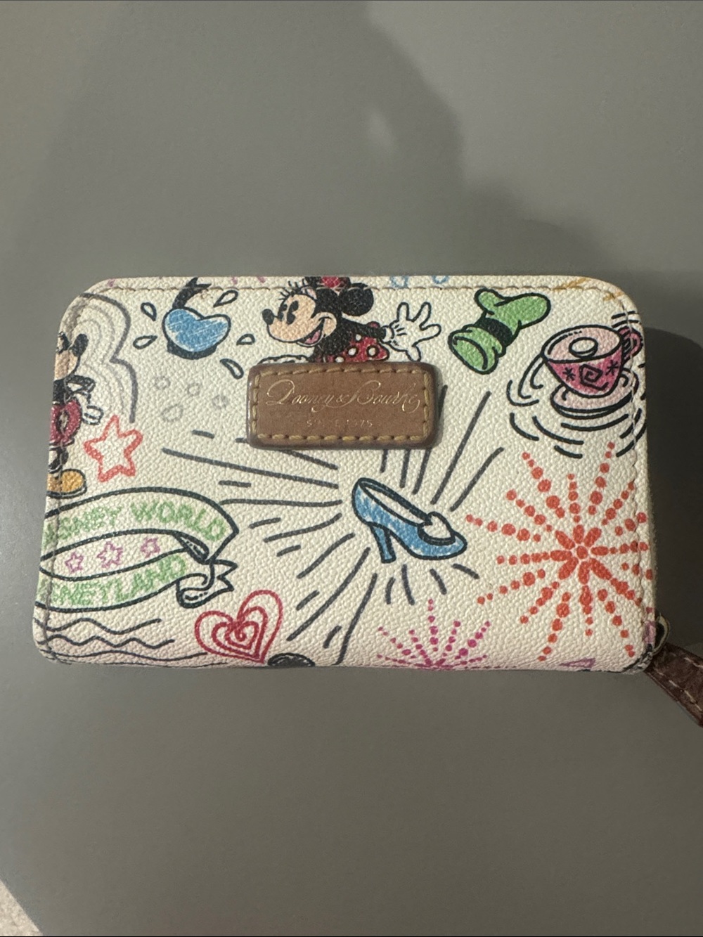 Dooney & Bourke White Minnie Doodle Zip Wallet with Multicolor Accents